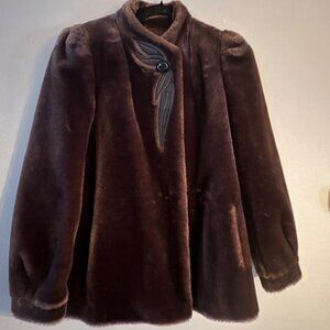 SASSON NY PARIS Women’s Faux Fur Vintage Brown Swing Coat with Leather Trim Sz5